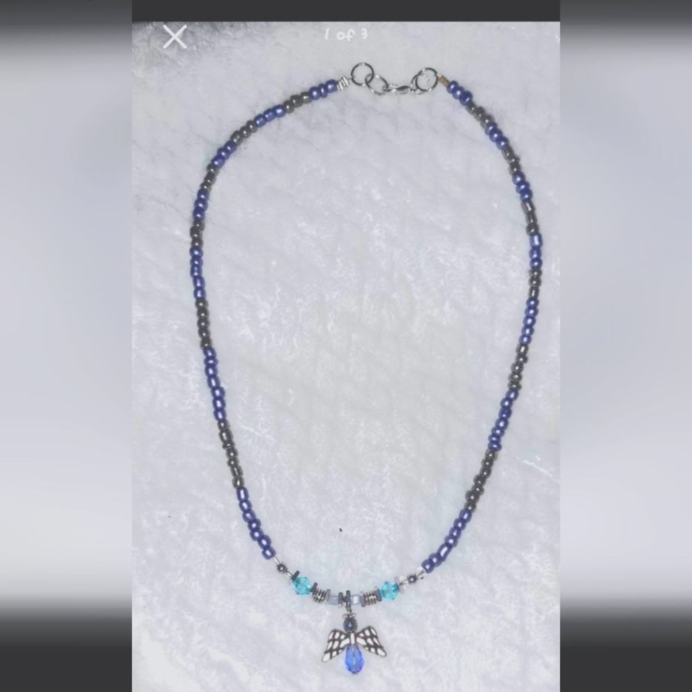 Blue guardian angel Pendant Necklace beaded